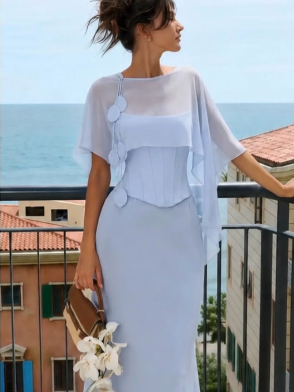 Elegant Light Blue Overlay Midi Dress with Decorative Accents